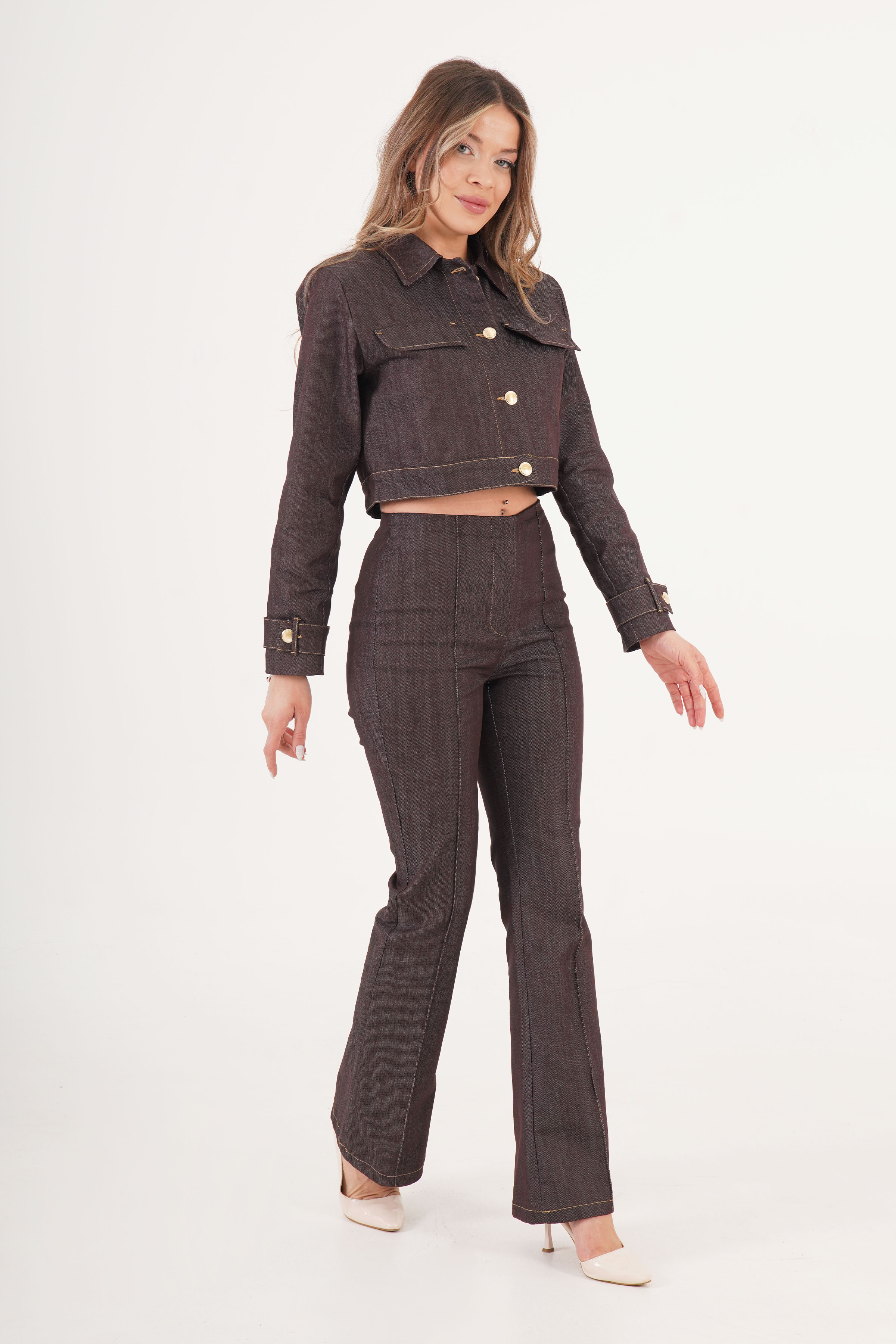 Gold Düğmeli Ceket Pantolon Kahve Denim Takım