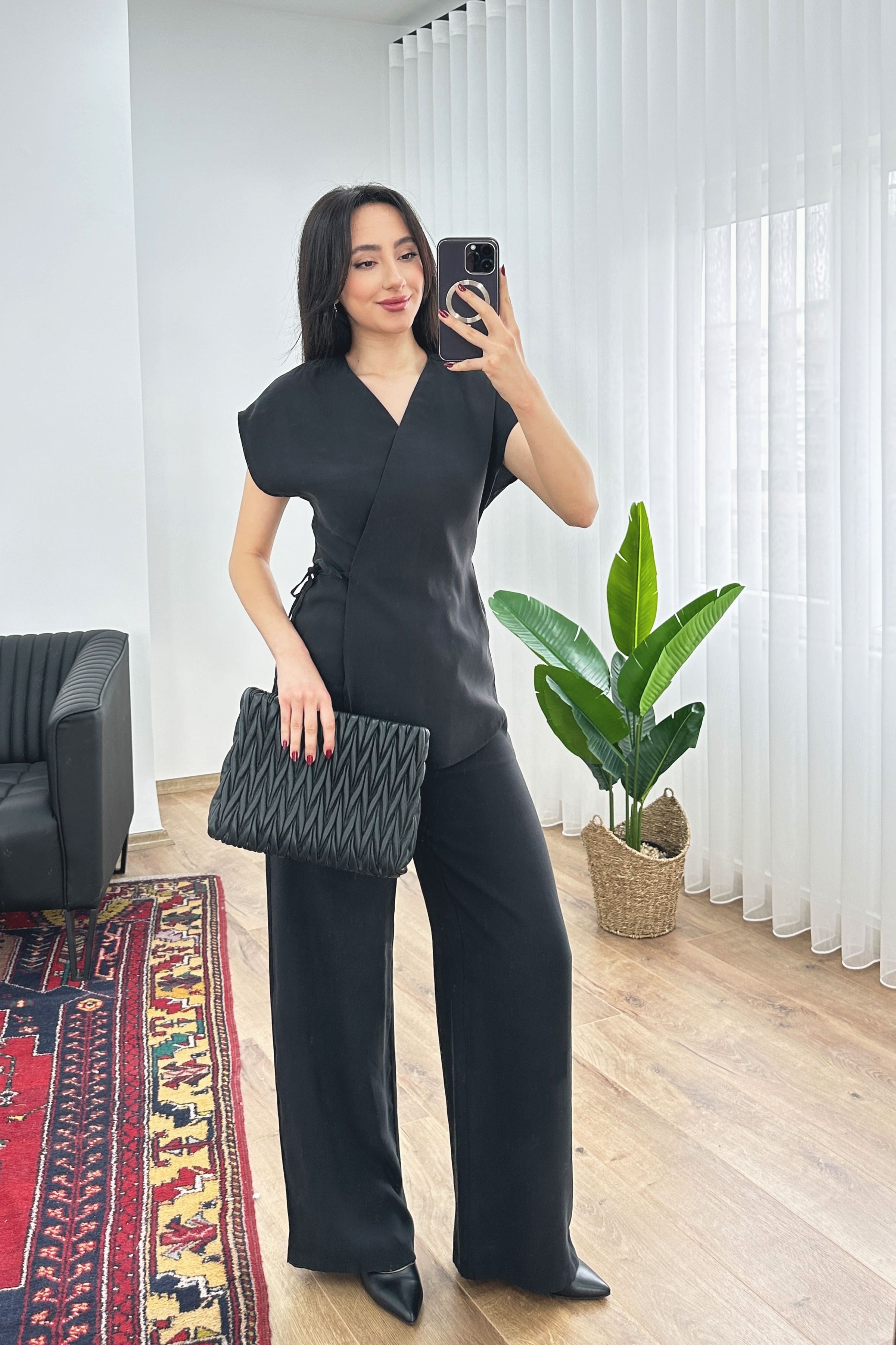 Modal Tek Düğme Kapamalı Oversize Siyah Toptan Takım