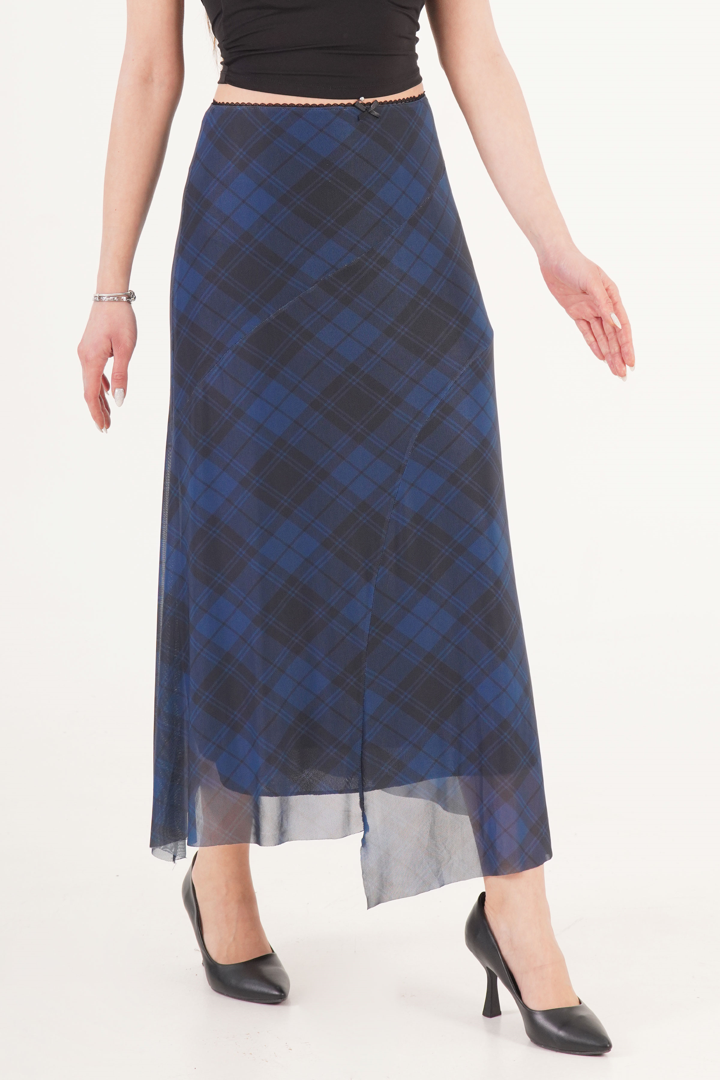 Asimetrik Kesim Ekose Desen Saks Toptan Etek 