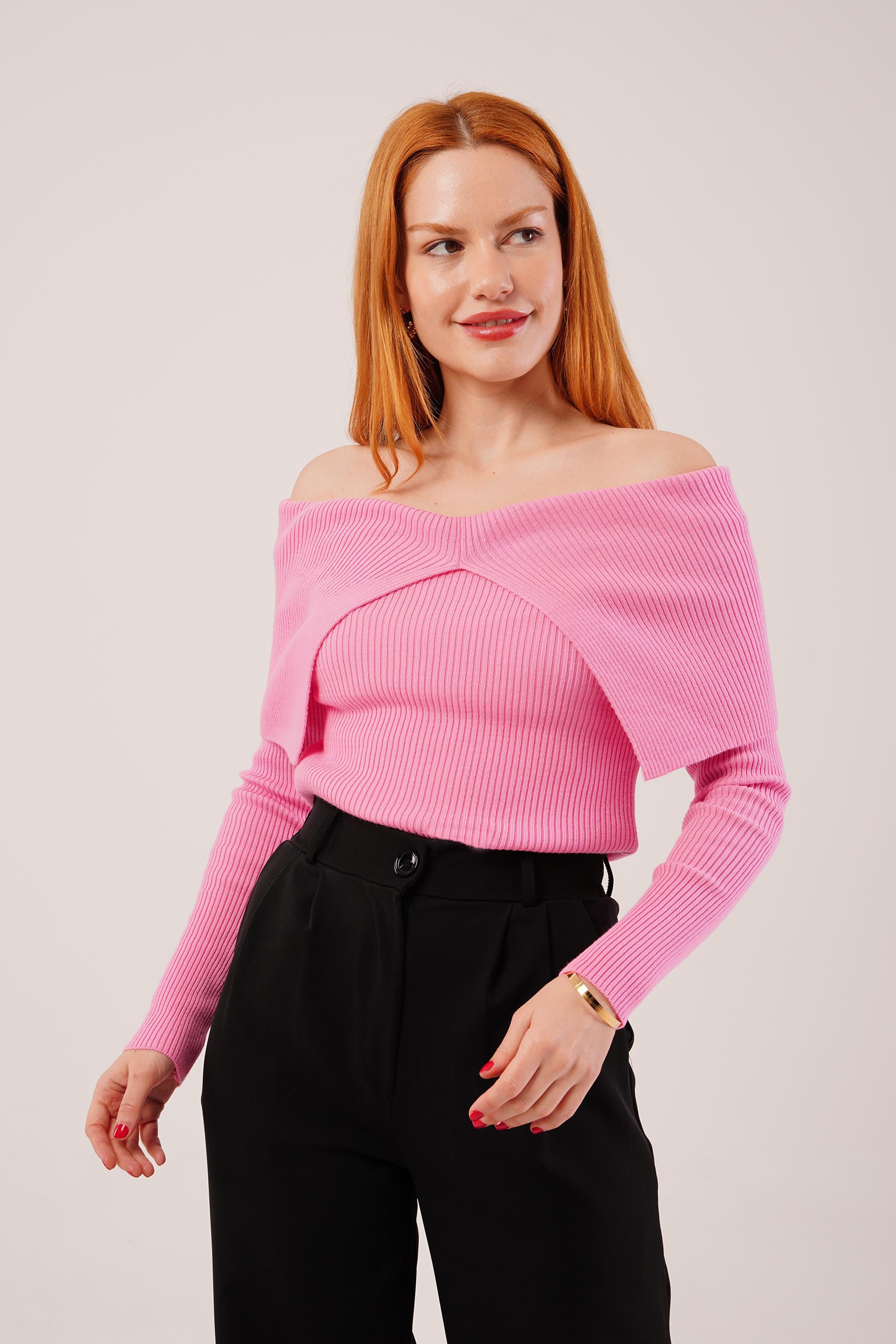 Degaje Yaka Toptan Pembe Triko Kazak