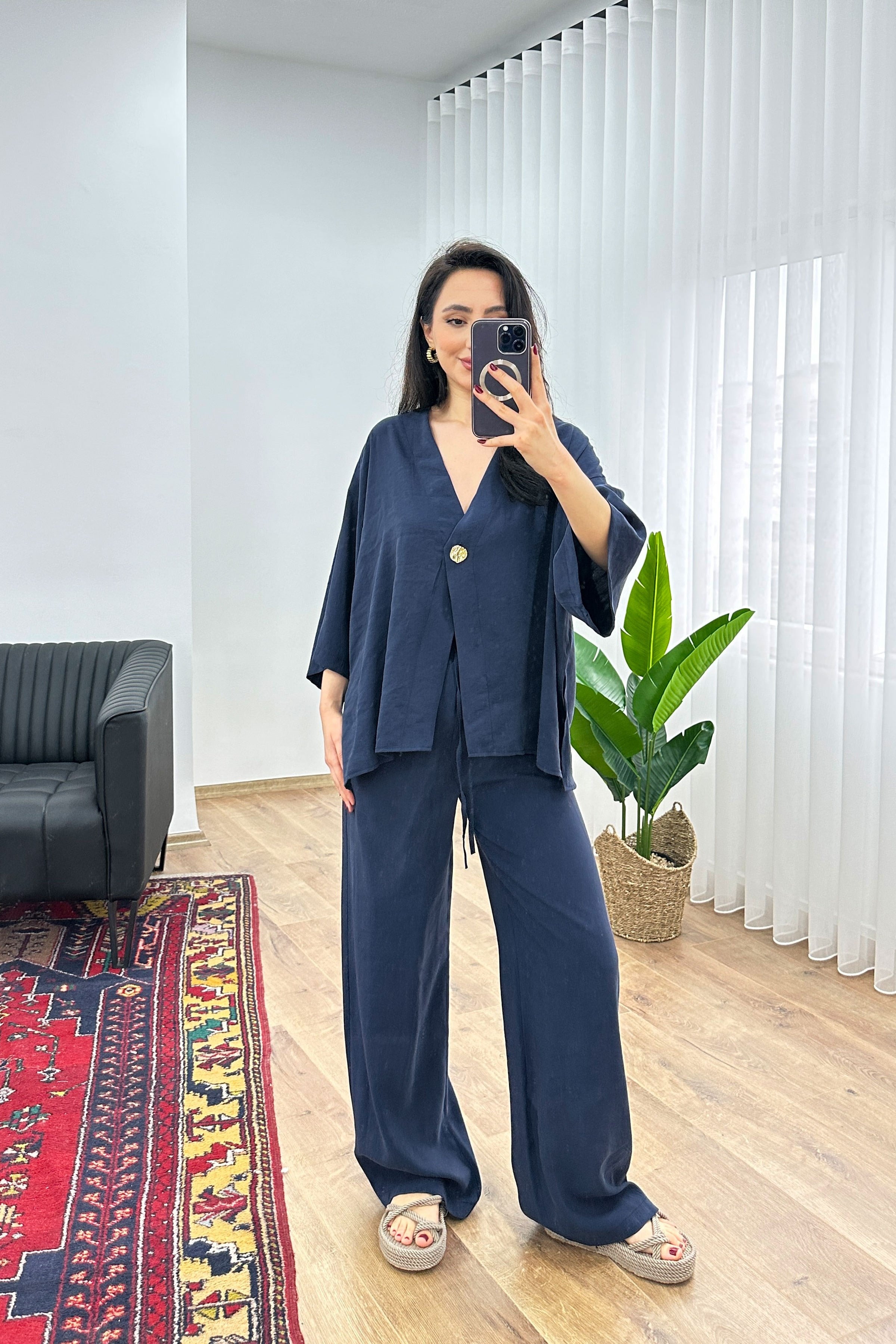 Modal Beli İp Bağlamalı Kruvaz Lacivert Toptan Bluz Pantolon Takım