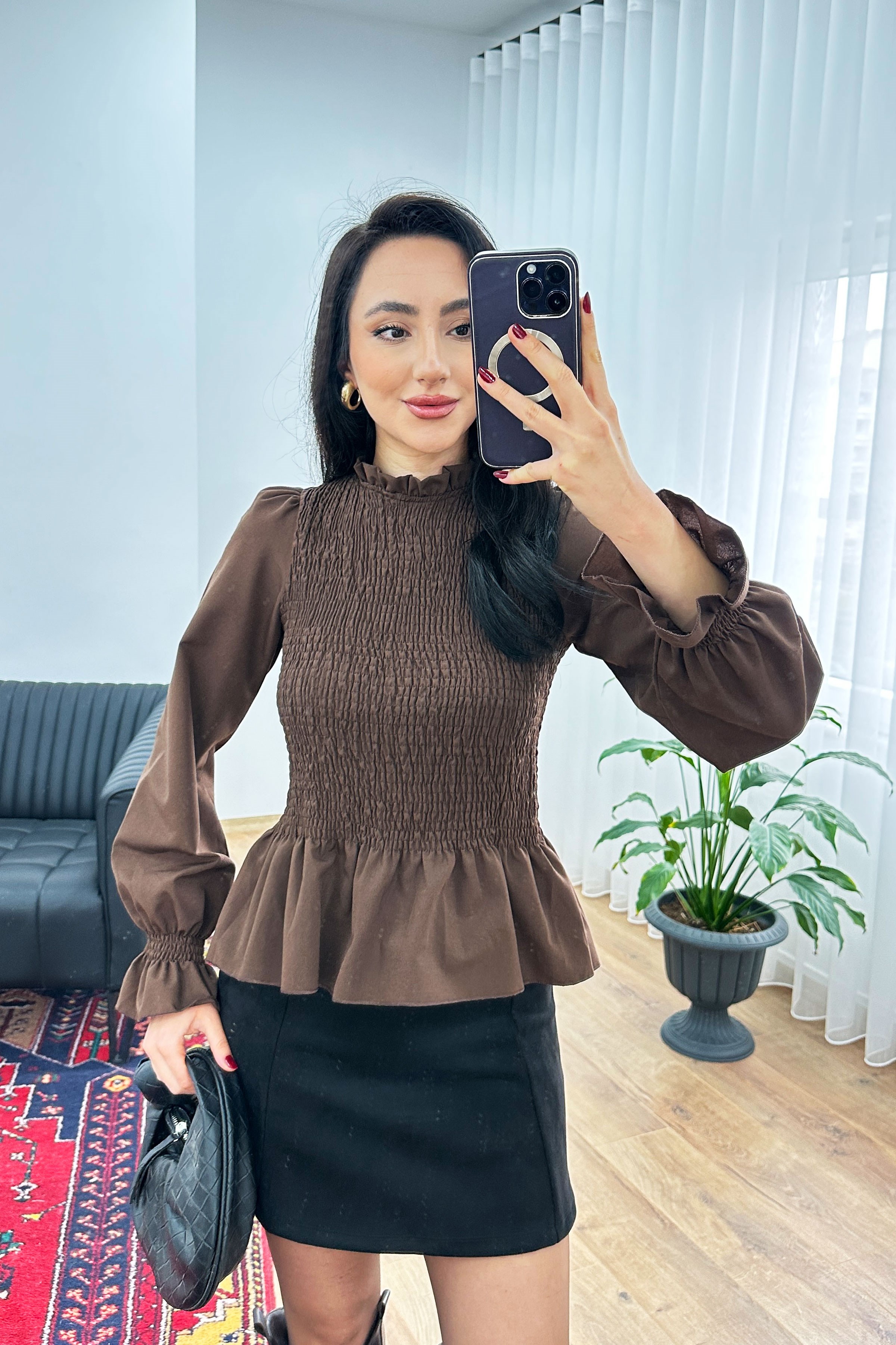 Komple Gipeli Dik Yaka Kahve Toptan Bluz