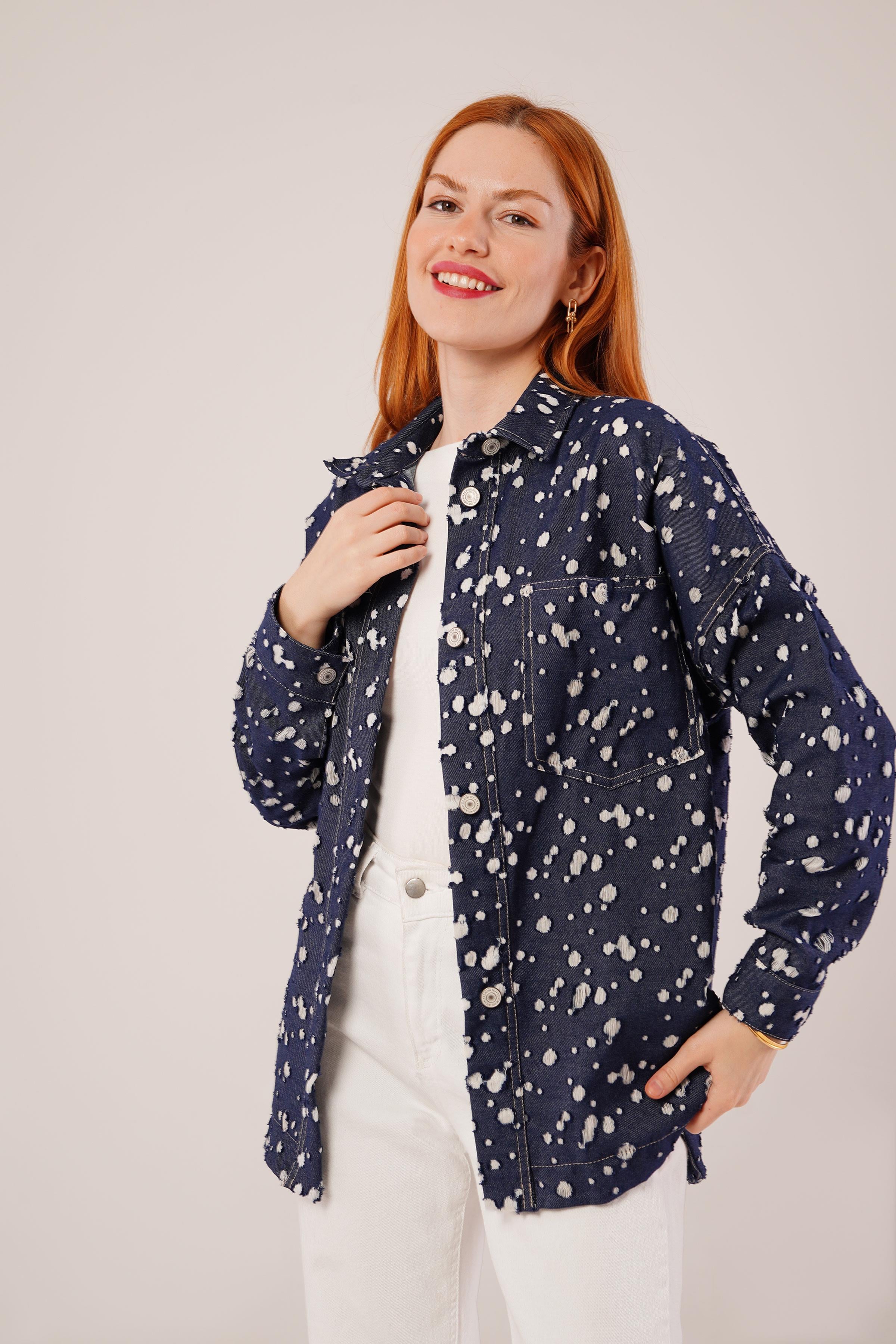 Eskitme Görünümlü Denim Toptan Mavi Gömlek