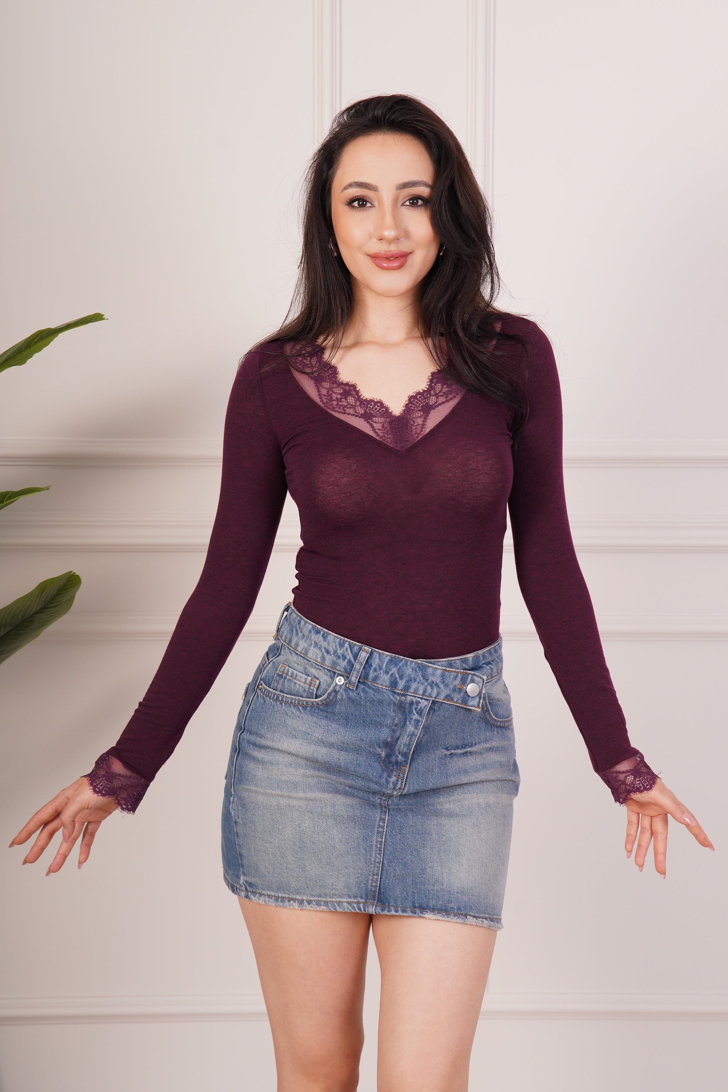 Dantel Detaylı Uzun Kollu Mürdüm Toptan Body Bluz