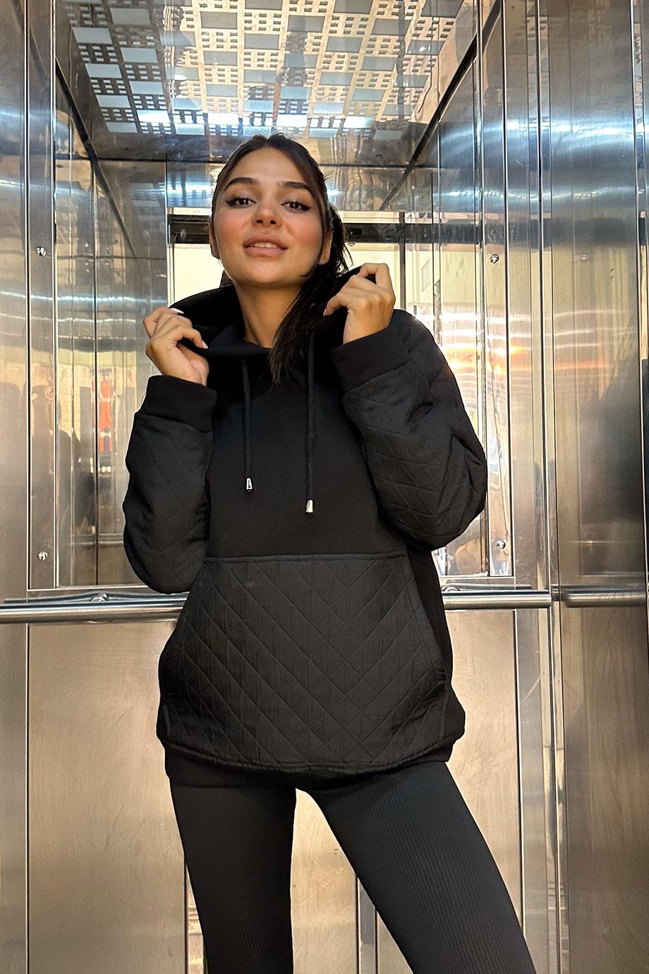 Kapitone Desenli Kanguru Cep Siyah Sweatshirt