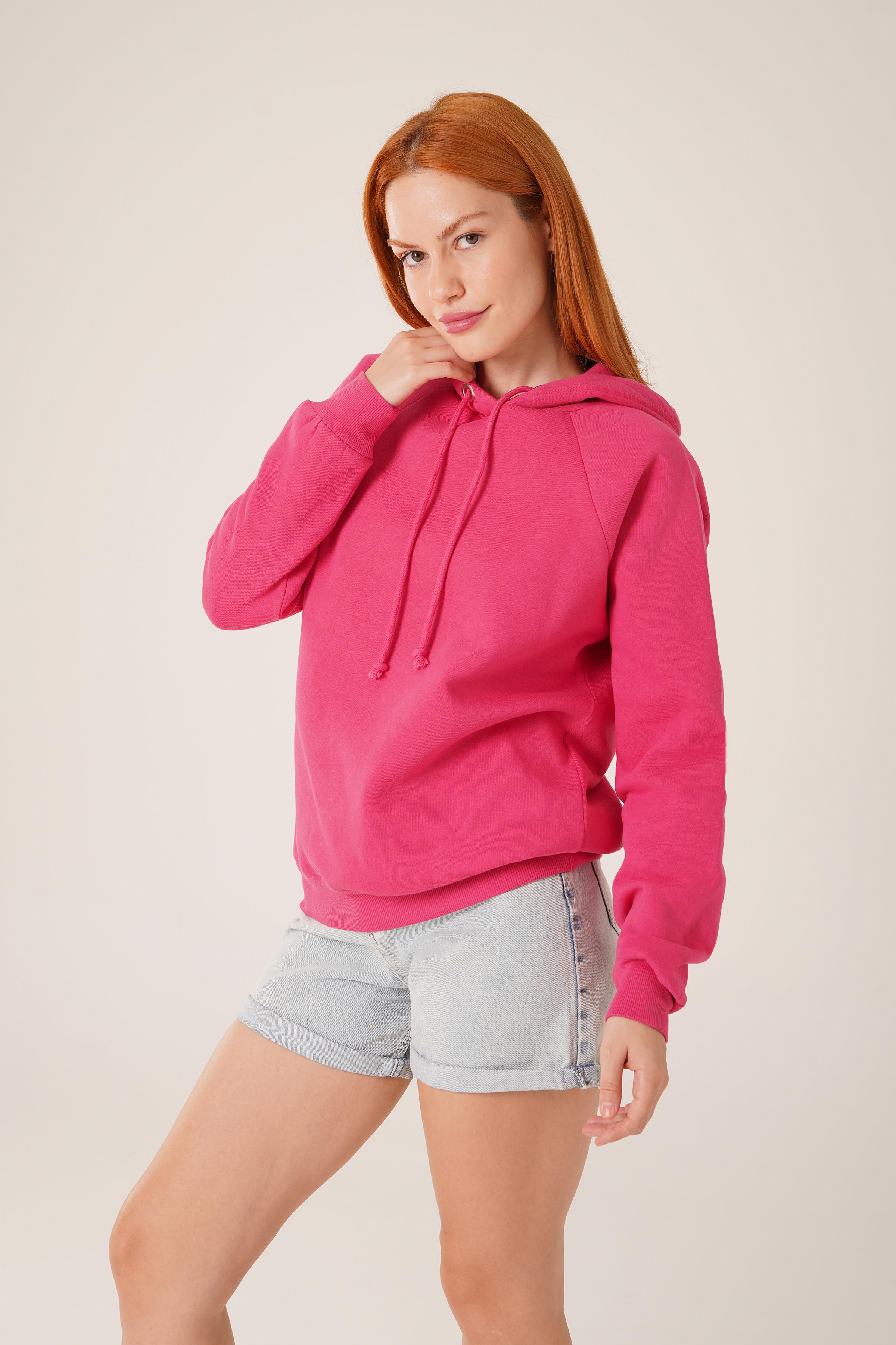 Kapüşonlu Basic Toptan Fuşya Sweat