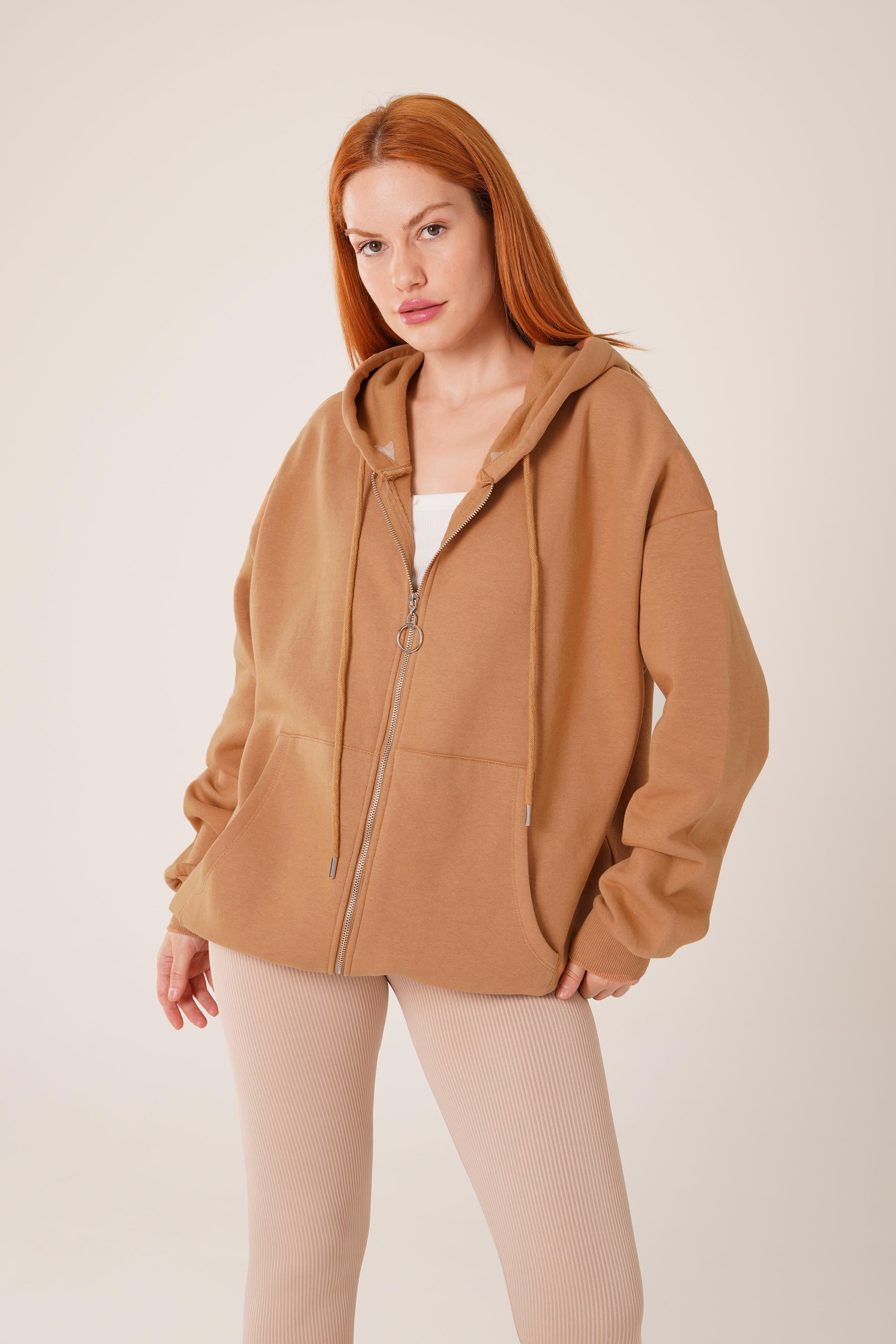 Kapüşonlu Fermuarlı Toptan Camel Hırka