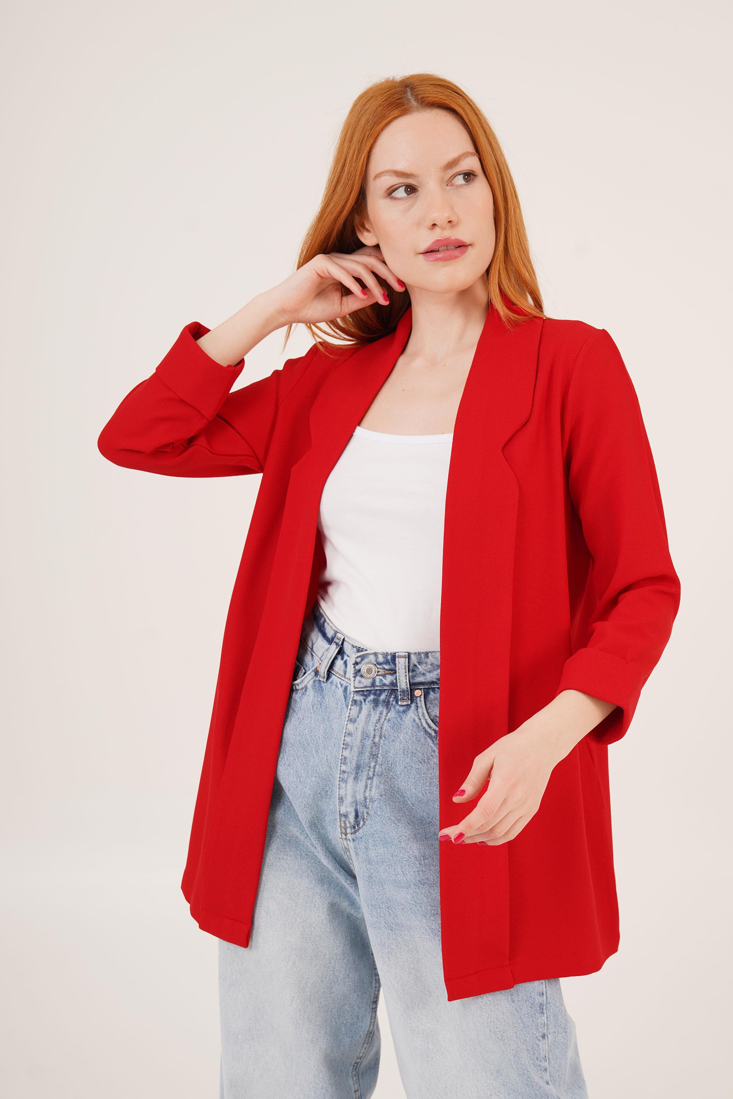 Kol Katlama Dikiş Detaylı Kırmızı Toptan Yazlık Blazer Ceket