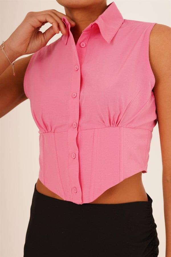 Korse Detay Kısa Kollu Toptan Pembe Gömlek 