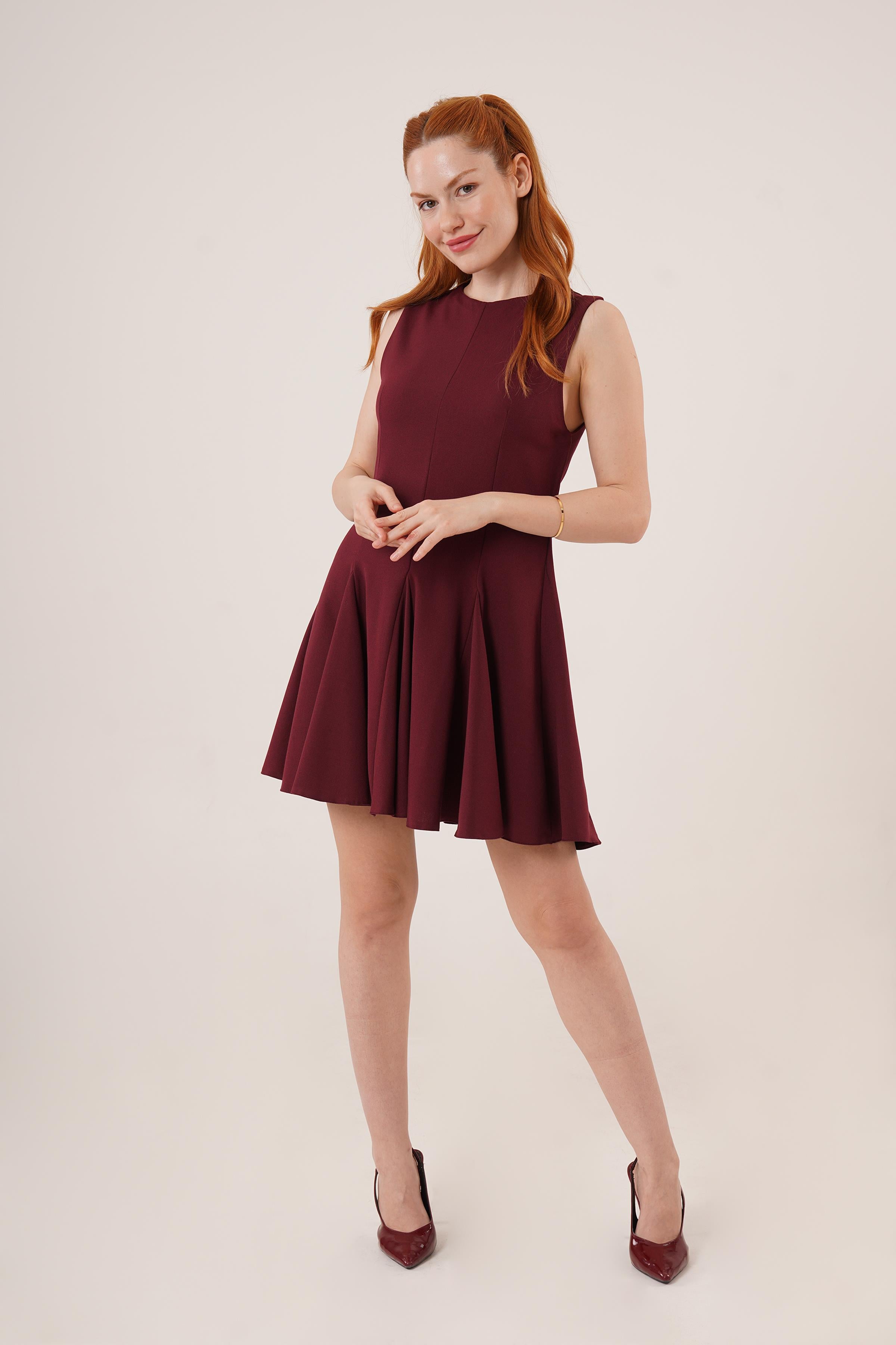 Sıfır Kol Pileli Toptan Bordo Mini Elbise