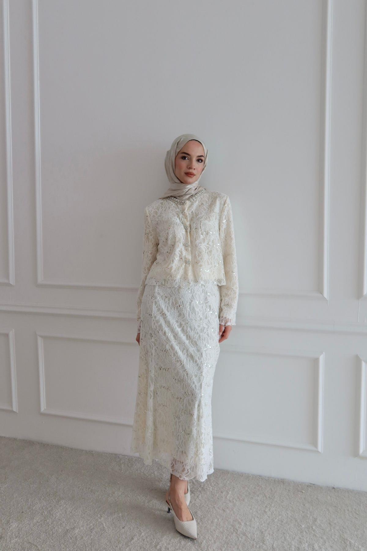 Aliya İthal Dantelli Takım Beyaz