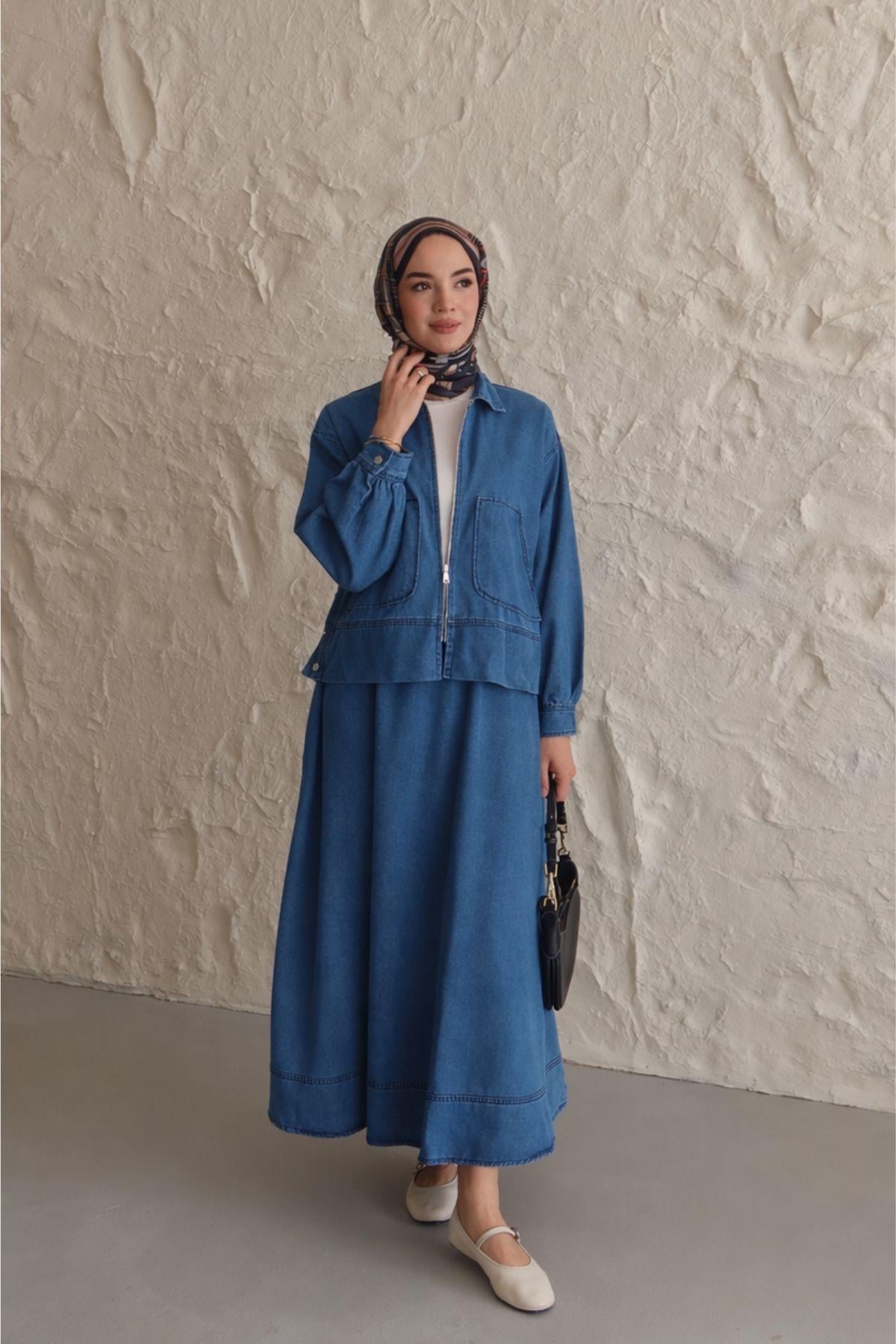 Asu Denim Etekli Takım Lacivert