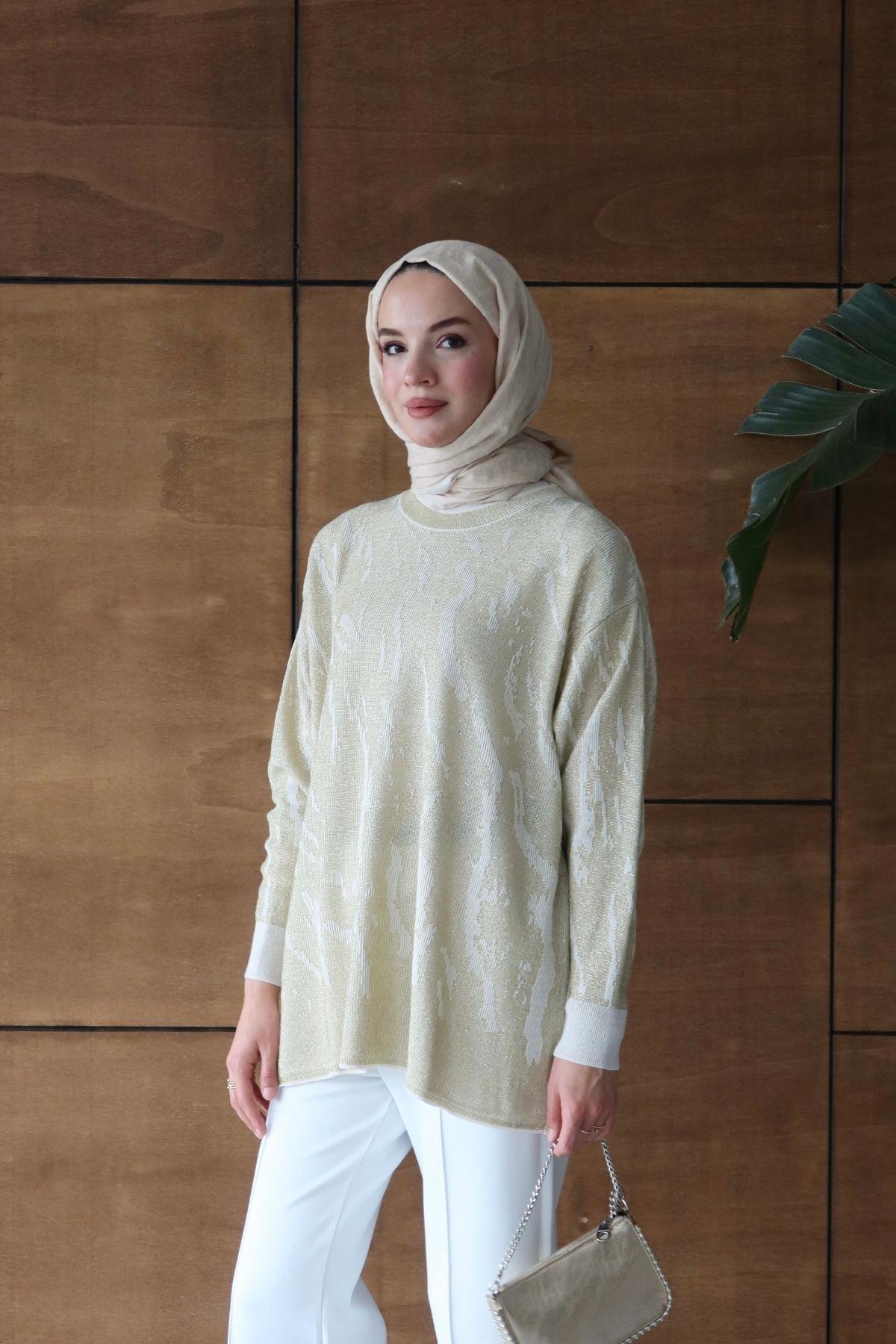 Bukre Zebra Desen Tunik Ekru