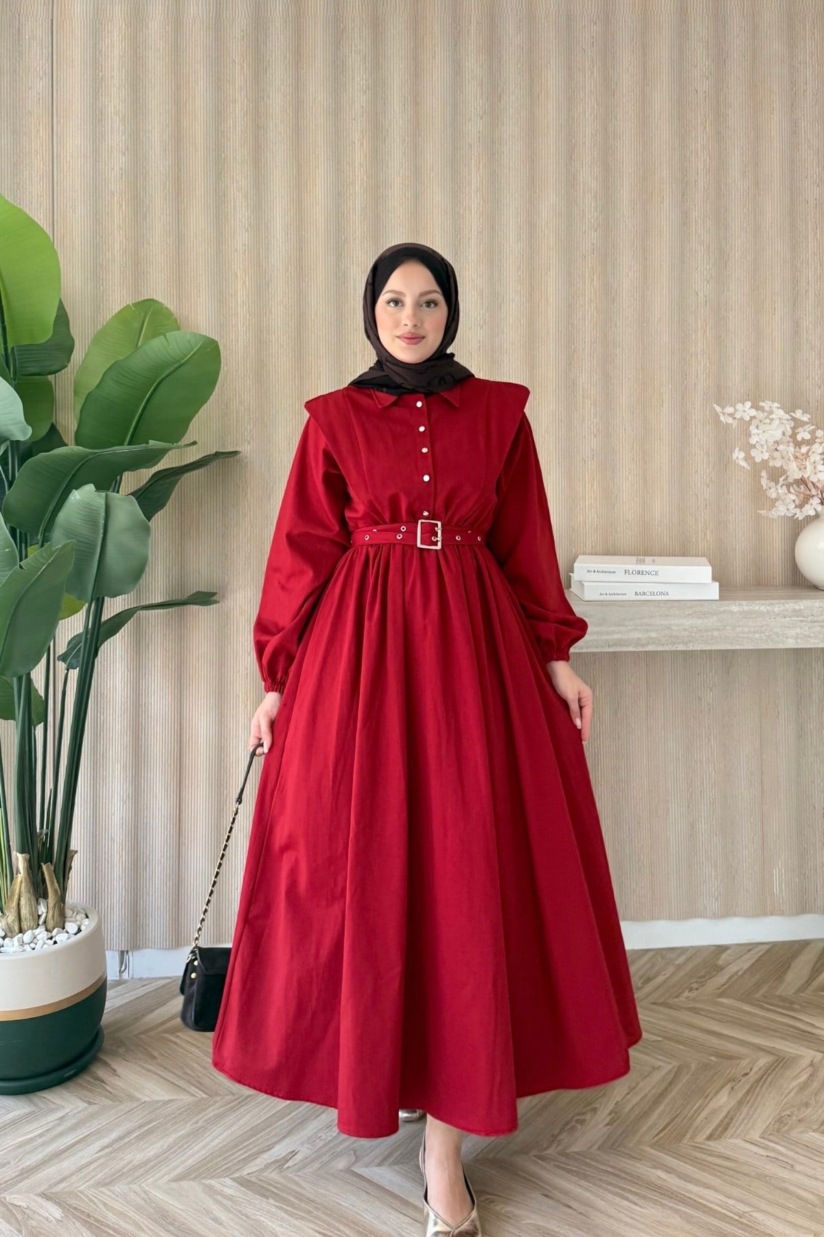 Buqle Denim Elbise Kırmızı