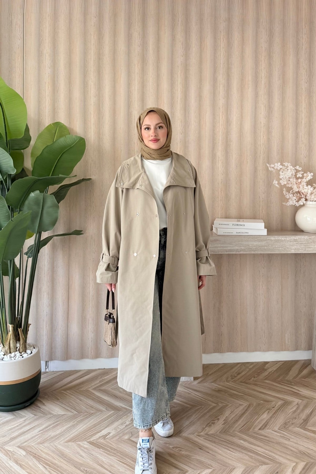 Çıtçıtlı Oversize Trençkot Bej