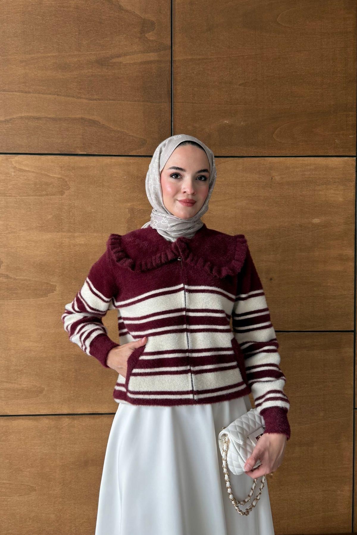 Çizgili Bebe Yaka Hırka Bordo