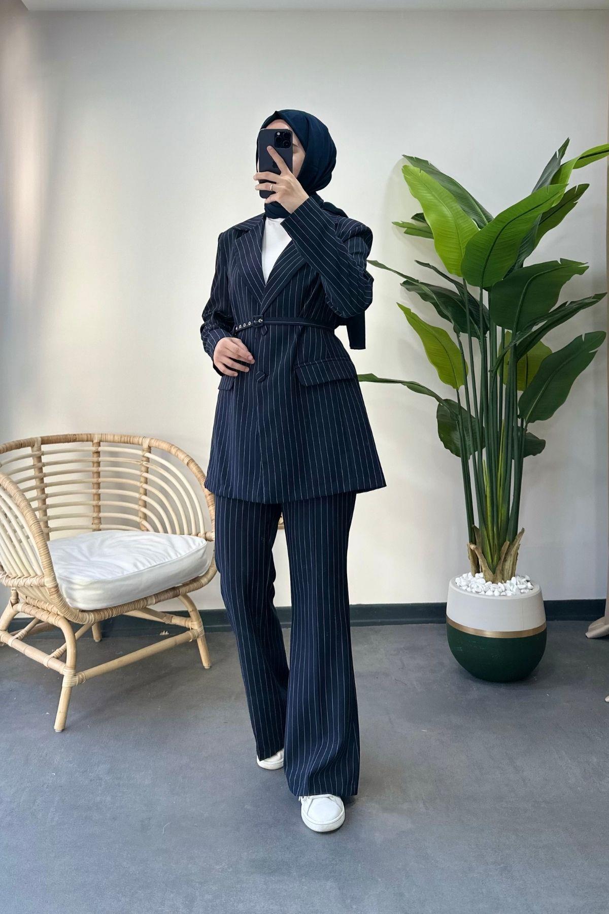 Çizgili Blazer Takım Lacivert