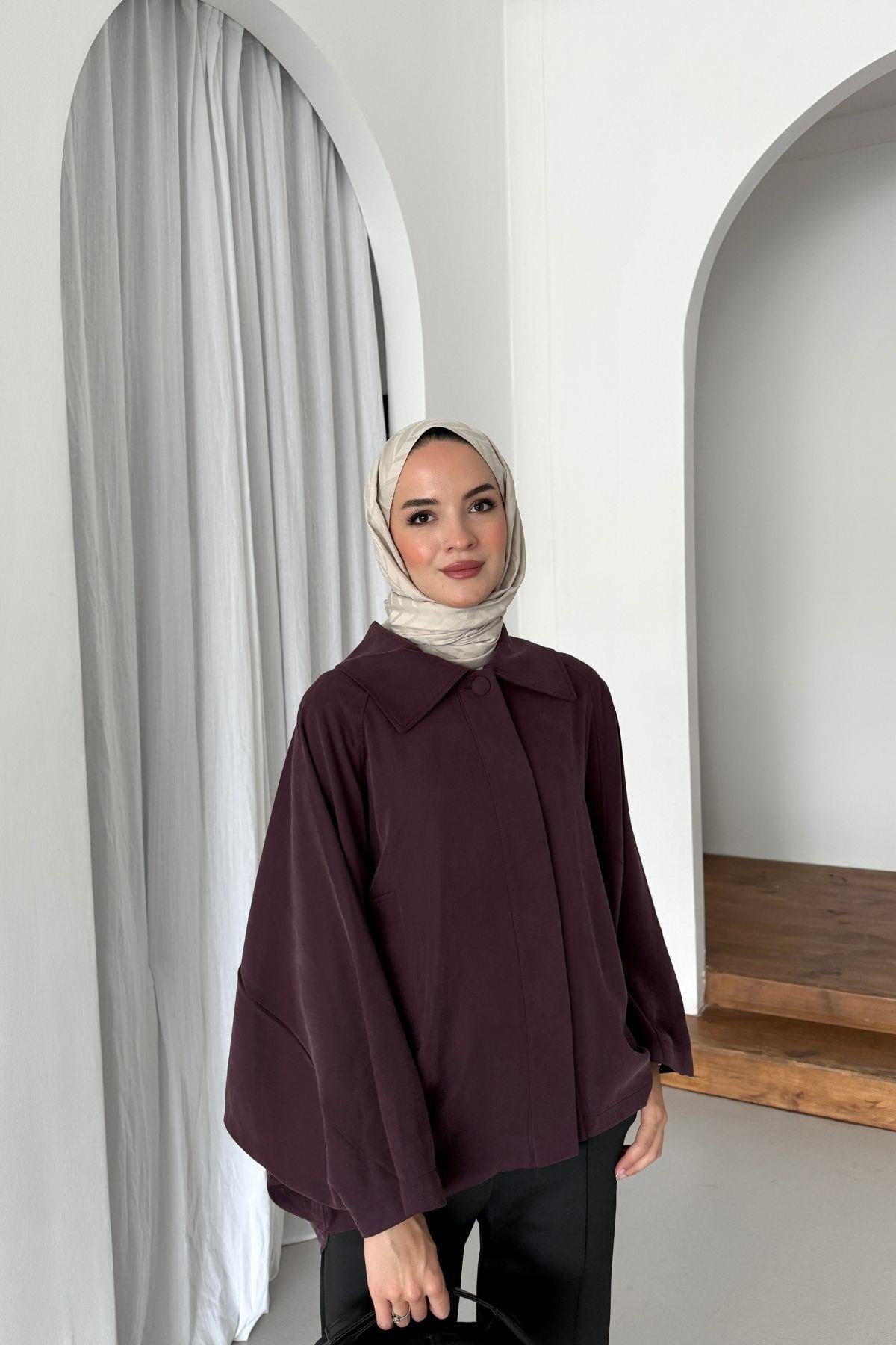 Geniş Yakalı Modal Trenç Bordo