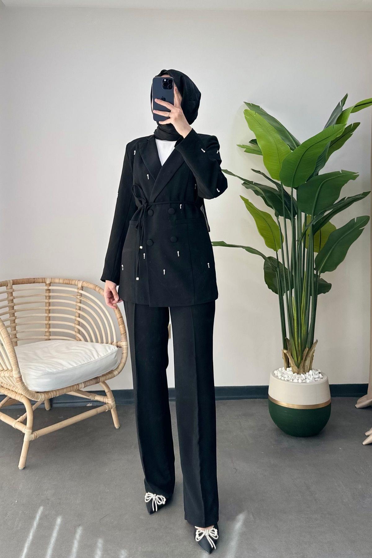 İncili Blazer Takım Siyah