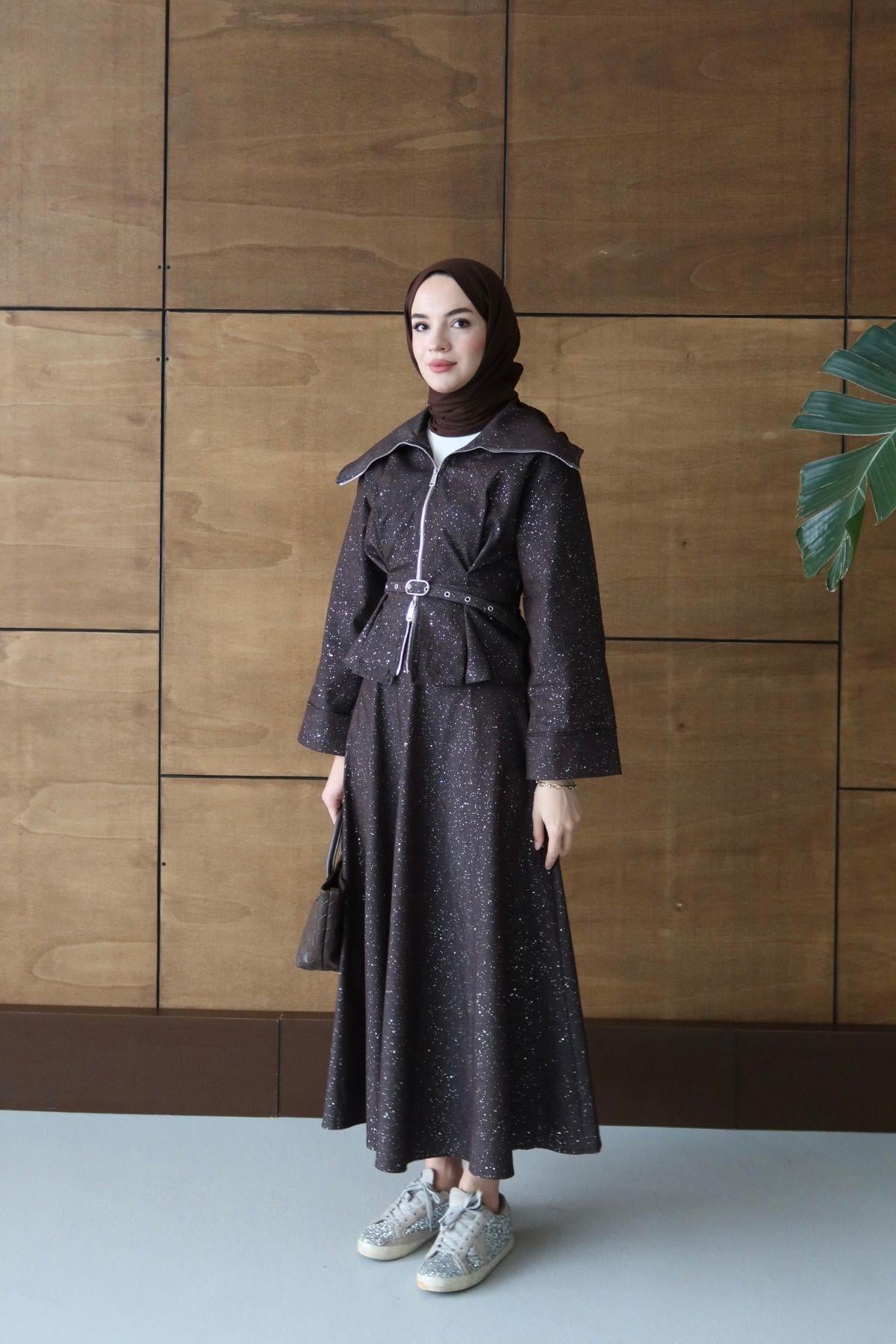 Laura Simli Denim Takım Kahverengi