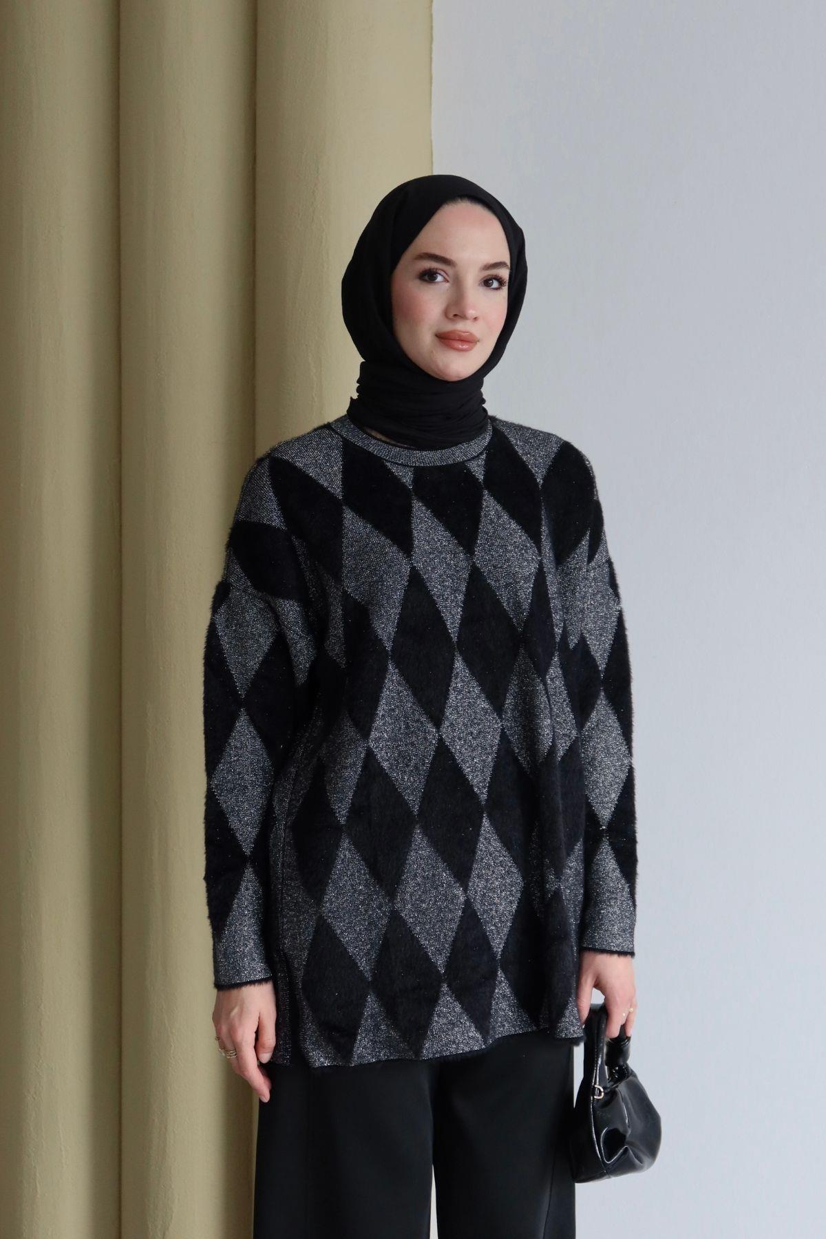 Lisa Baklava Desen Angora Tunik Siyah