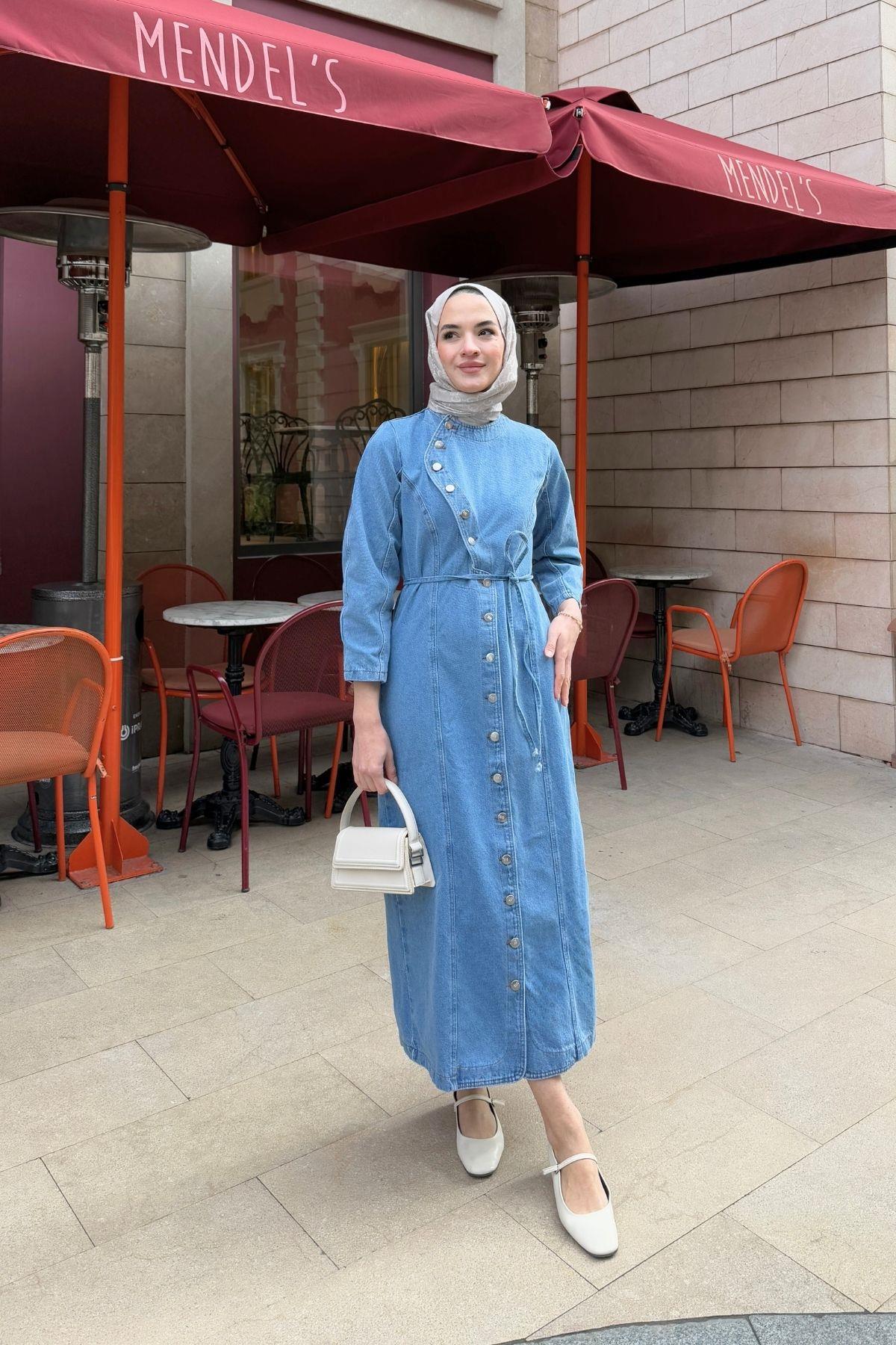 Mary Denim Elbise Açık Mavi