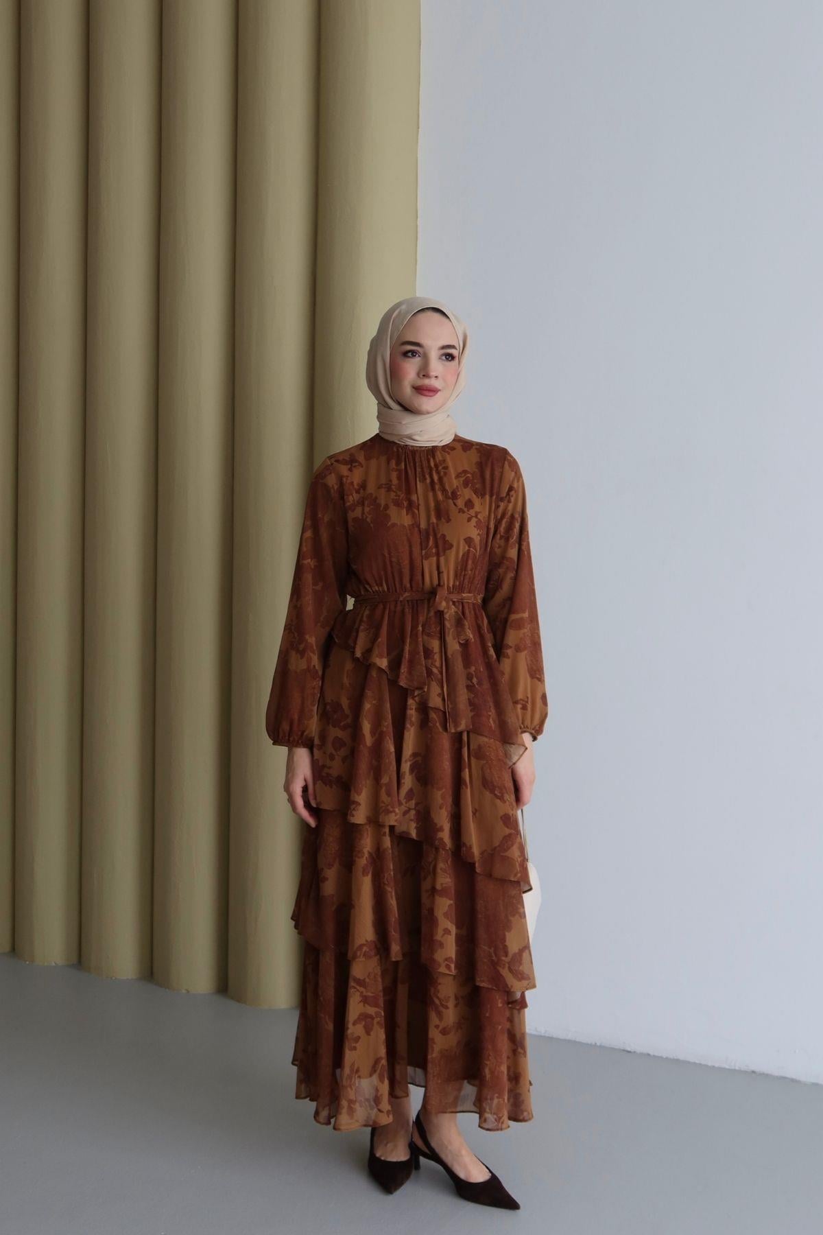 Maya Desenli Şifon Elbise Hardal