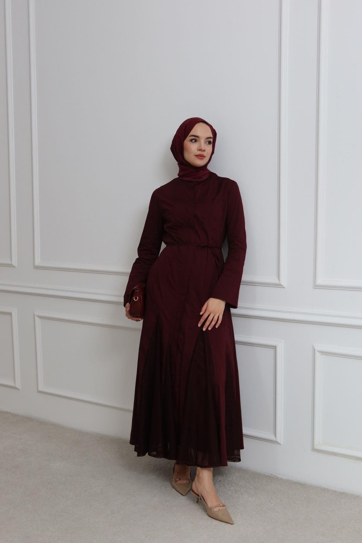 Neptün Eteği File Detaylı Elbise Bordo