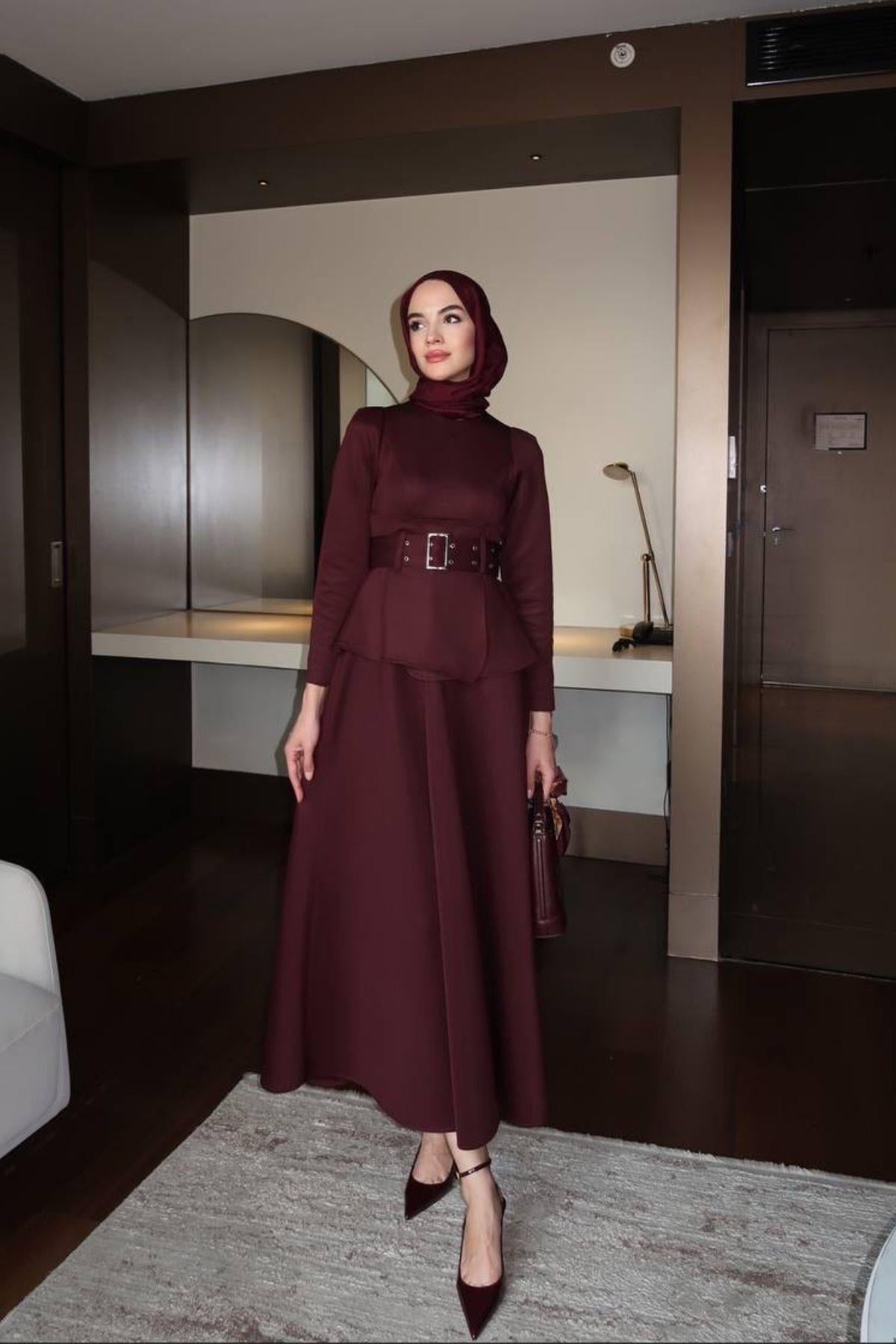 Nera Kemerli Scuba Elbise Bordo