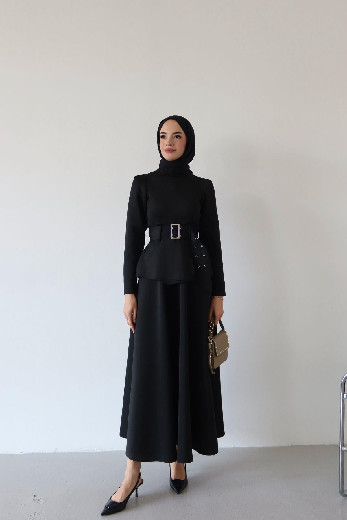 Nera Kemerli Scuba Elbise Siyah