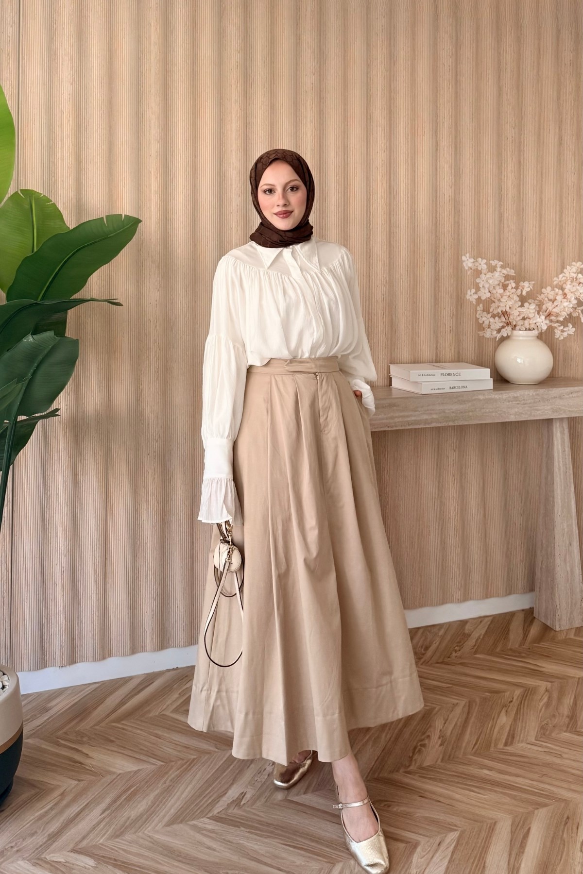 Pileli Gabardin Etek Camel