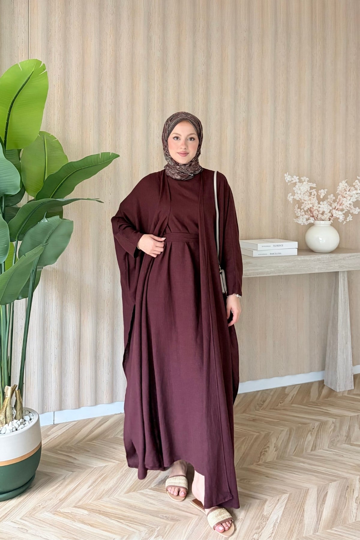 Rose Keten Abaya Takım Bordo