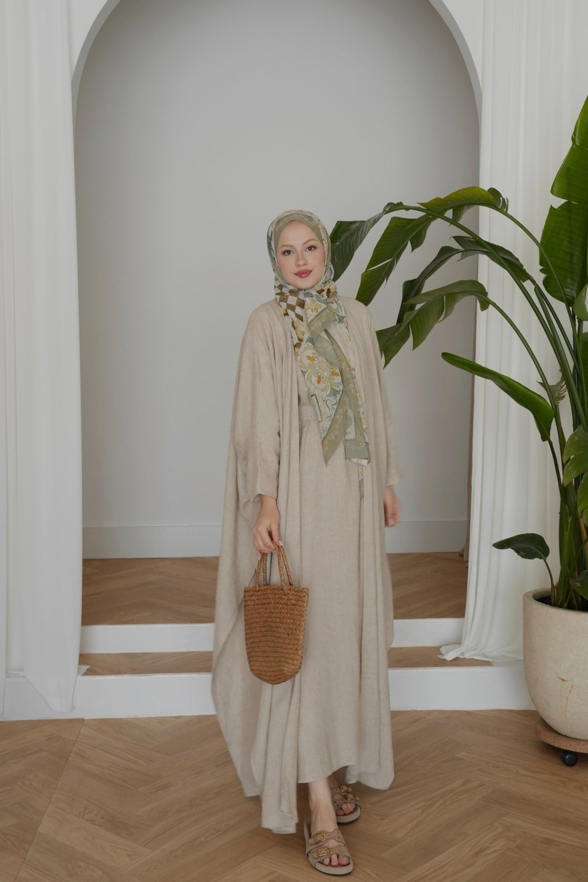 Rose Keten Abaya Takım Taş Rengi