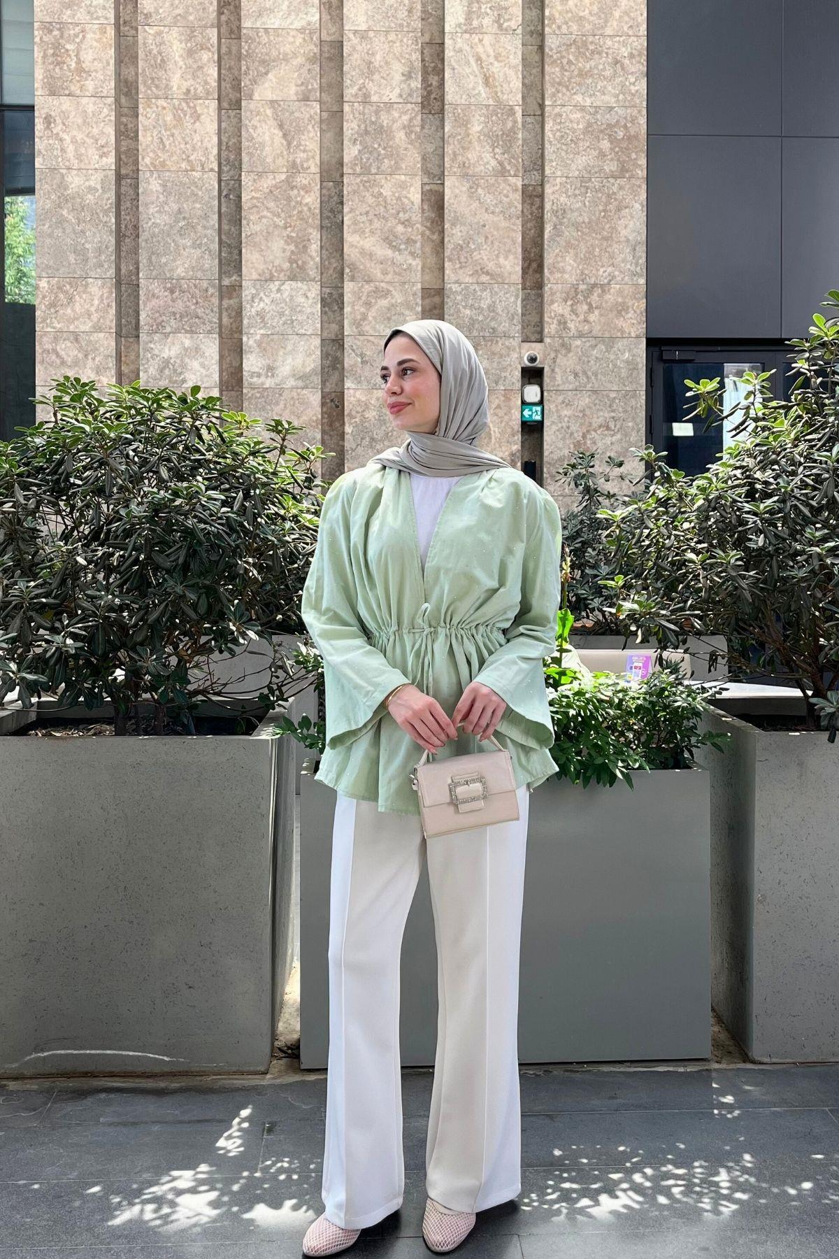Vual Taşlı Kimono Mint Yeşili
