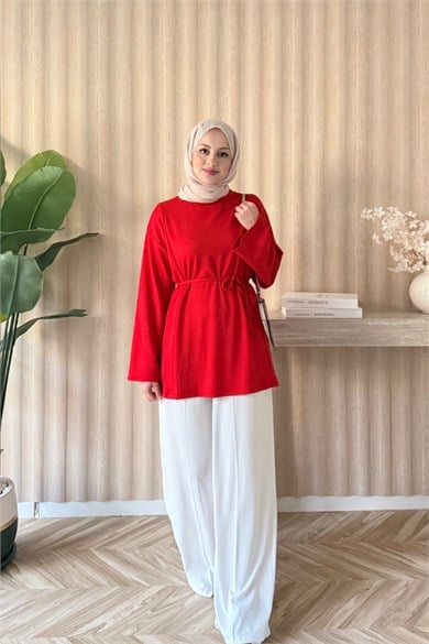 Biye Kemerli Basic Bluz Kırmızı