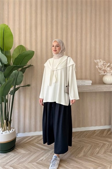Omuz Şallı Basic Bluz Beyaz