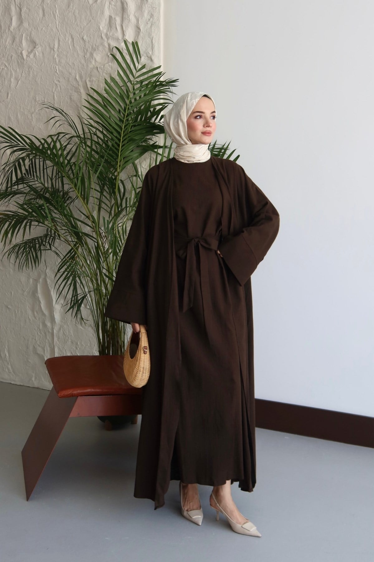 Alya Keten Abaya Takım Kahve