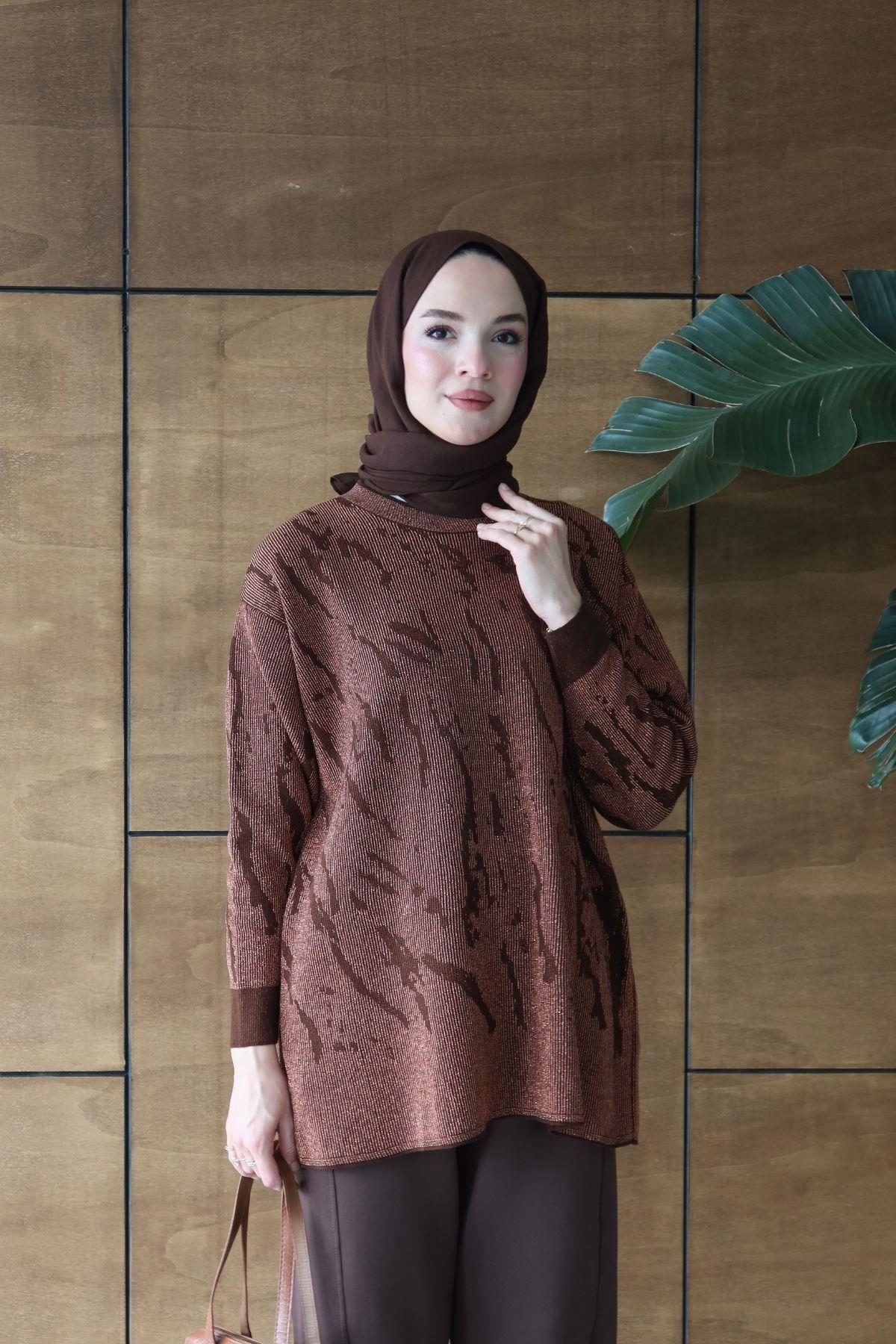 Bukre Zebra Desen Tunik Kahverengi