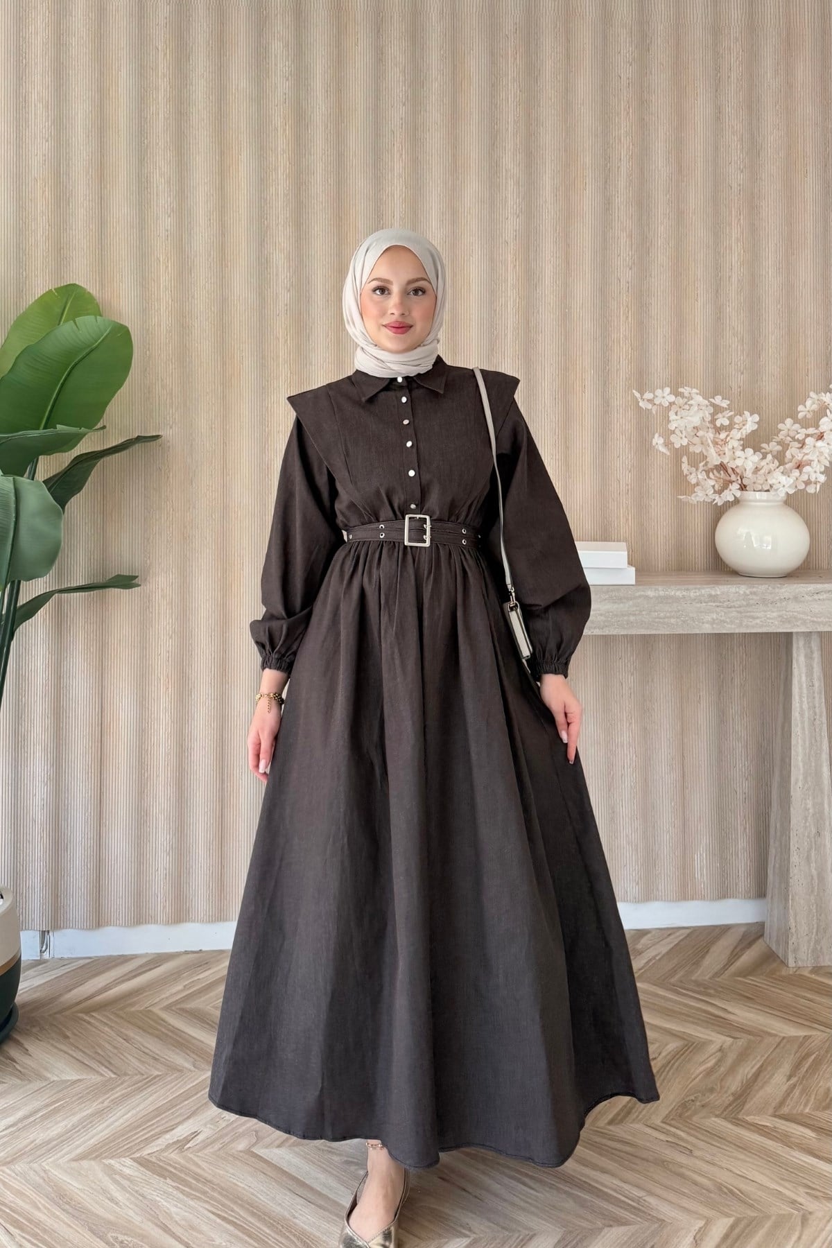 Buqle Denim Elbise Acı Kahve
