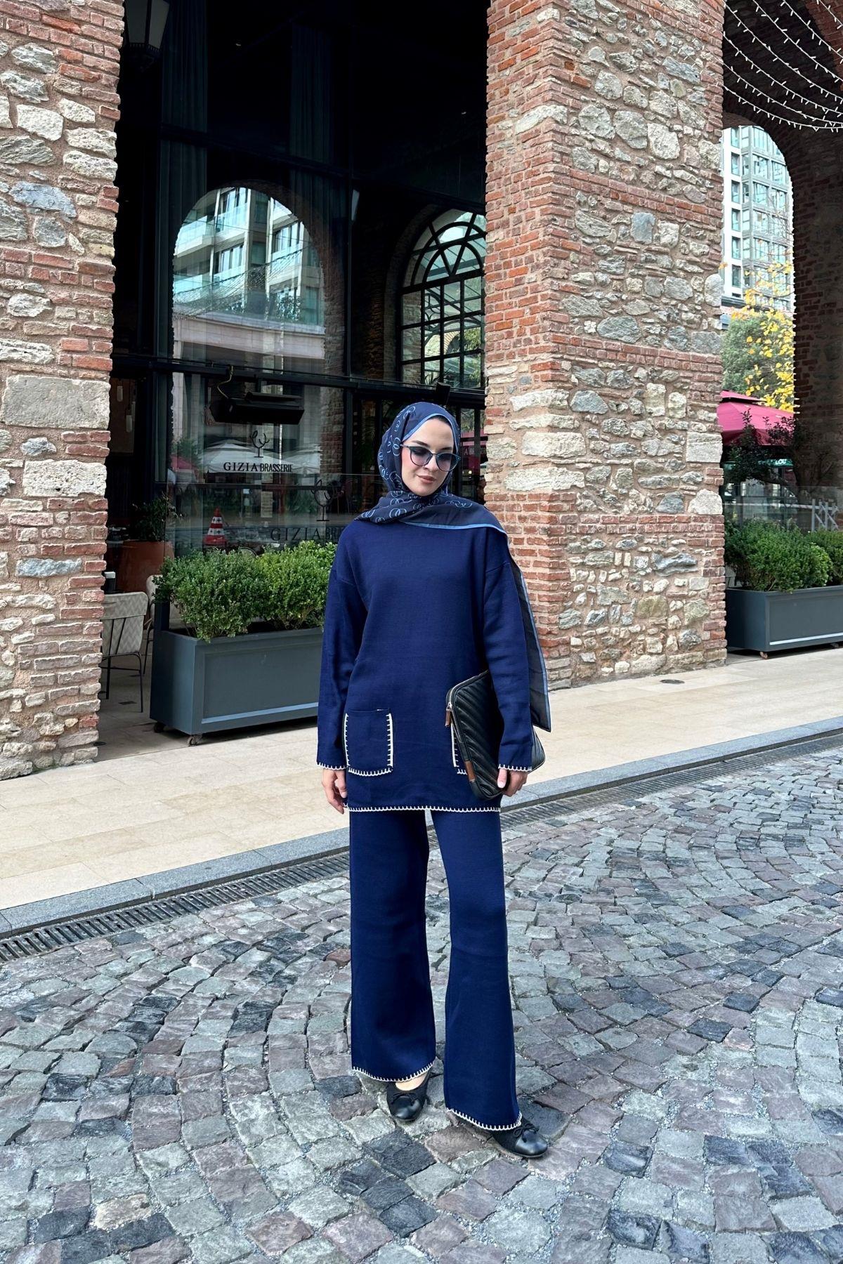 Cep Detaylı Triko Takım Lacivert