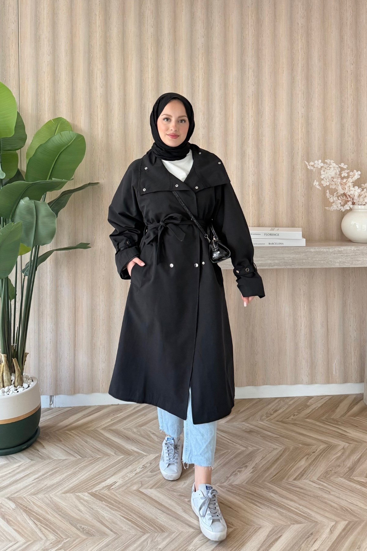 Çıtçıtlı Oversize Trençkot Siyah