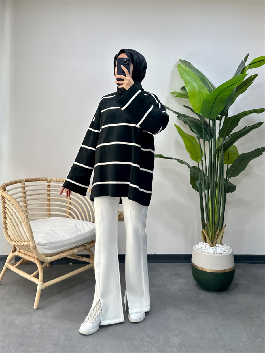Çizgili Basic Triko Tunik Siyah