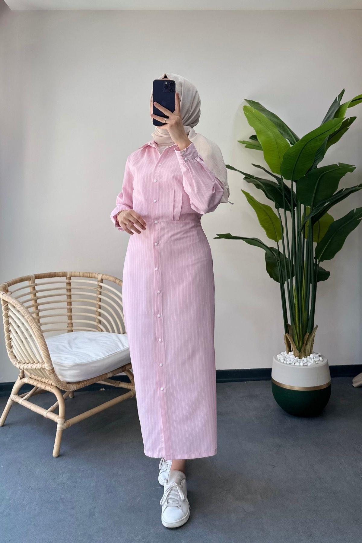 Çizgili Kalem Elbise Pembe