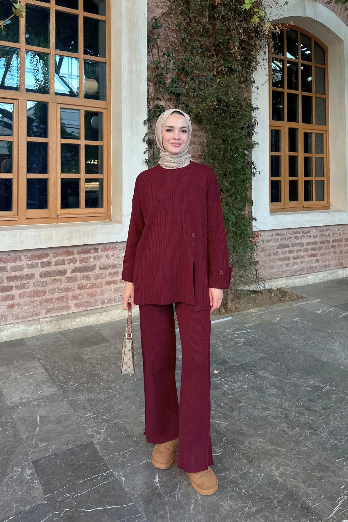 Düğmeli Triko Takım Bordo