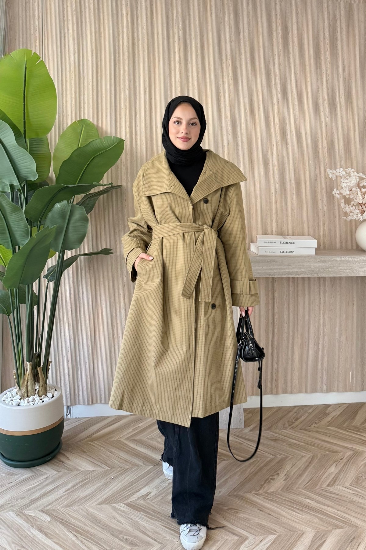 Ekoseli Kruvaze Oversize Trençkot Haki
