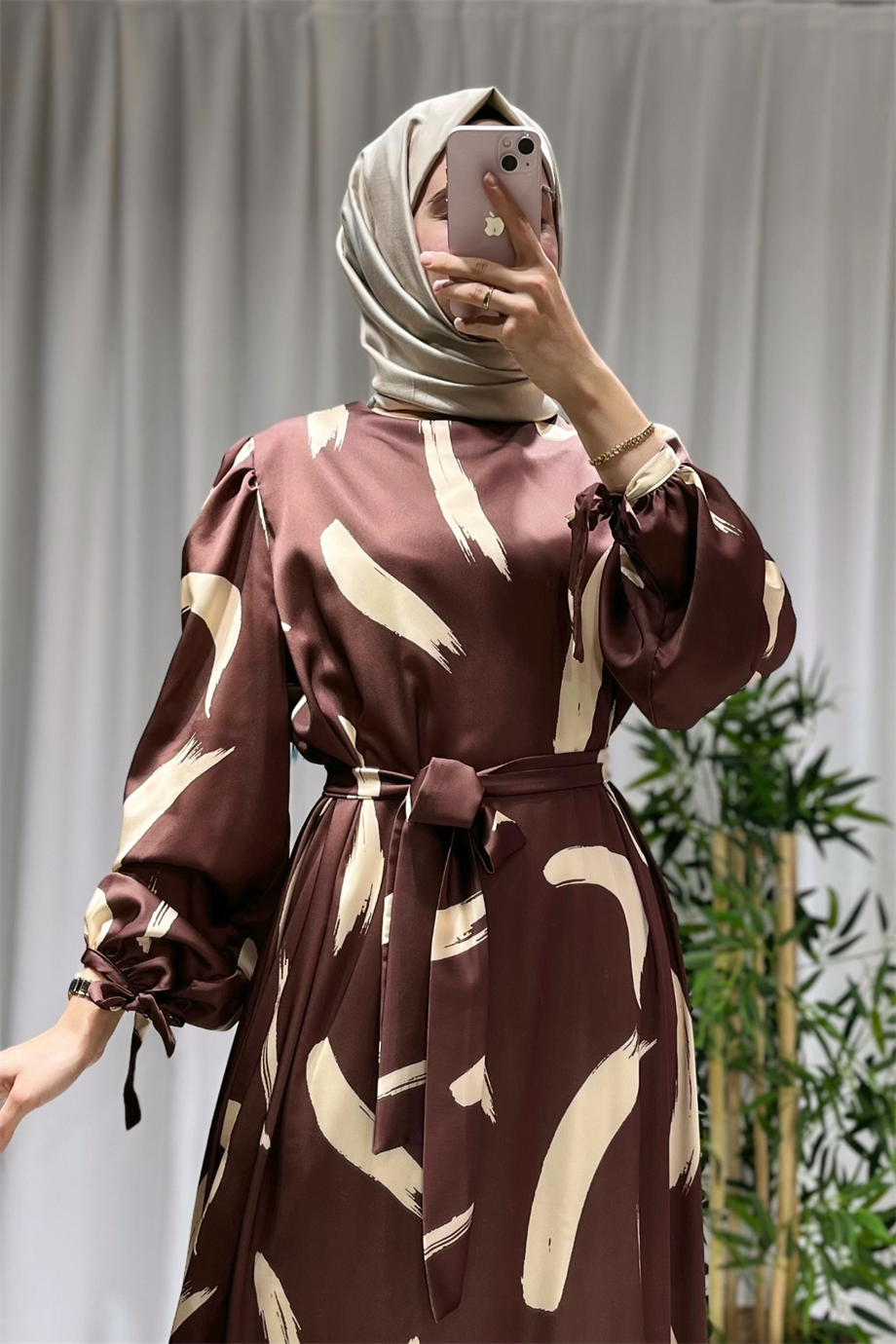 Fırça Desen Elbise Kahverengi