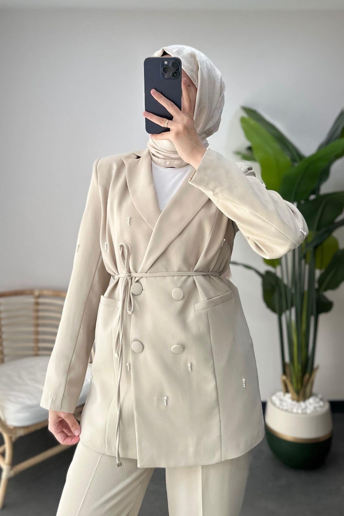 İncili Blazer Takım Taş Rengi