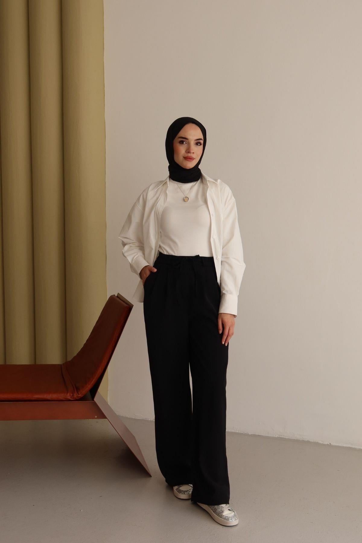 İp Kemerli Palazzo Pantolon Siyah