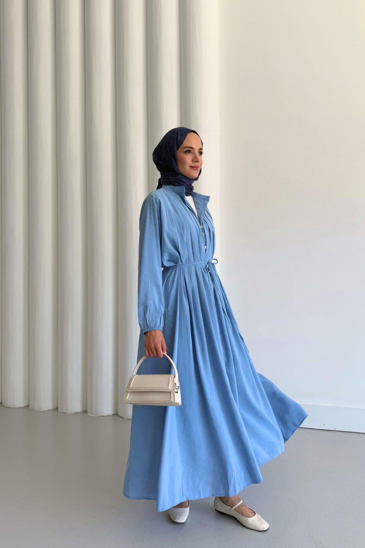 Joyce Nervürlü Elbise Mavi