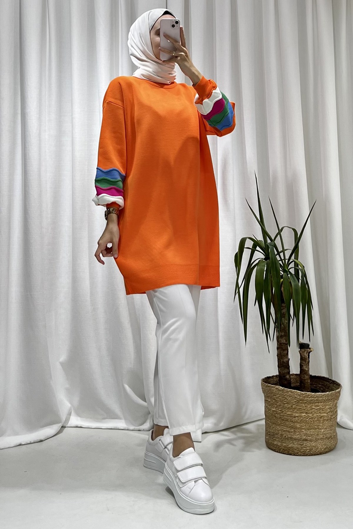 Kolu Renkli Oranj Triko Tunik